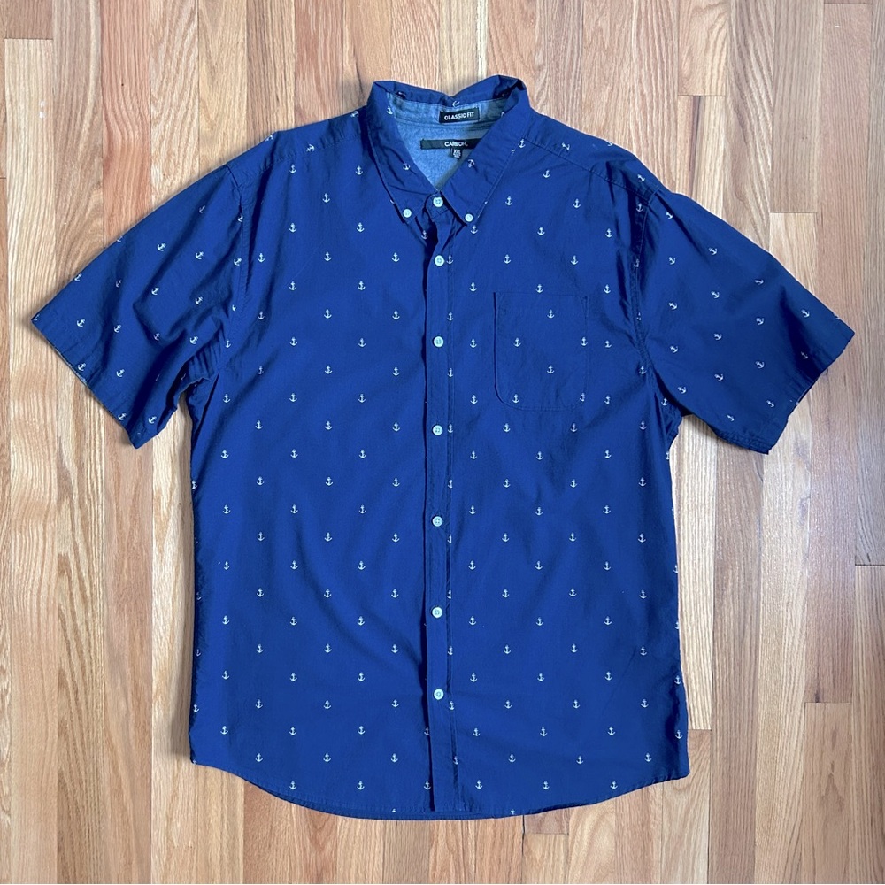Carbon Short Sleeved Mens Casual Button Down Shirt XXL Navy Blue Anchor Nautical